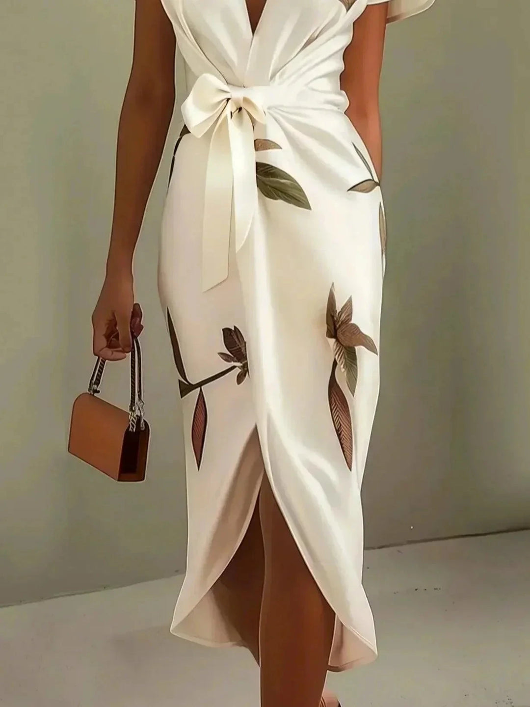Women's Floral Midi Wedding Guest Dress with Ties