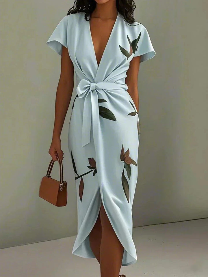 Women's Floral Midi Wedding Guest Dress with Ties
