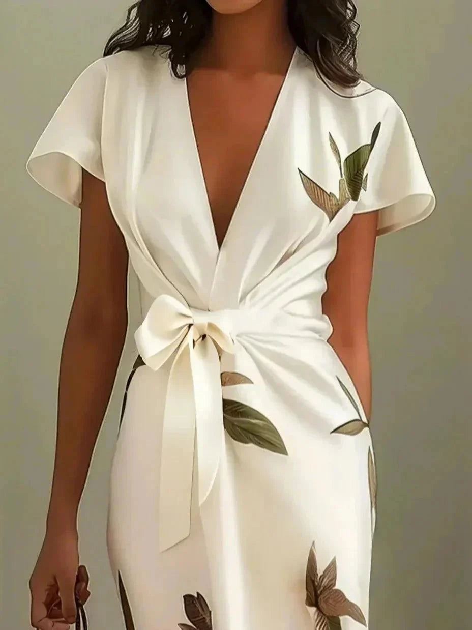 Women's Floral Midi Wedding Guest Dress with Ties