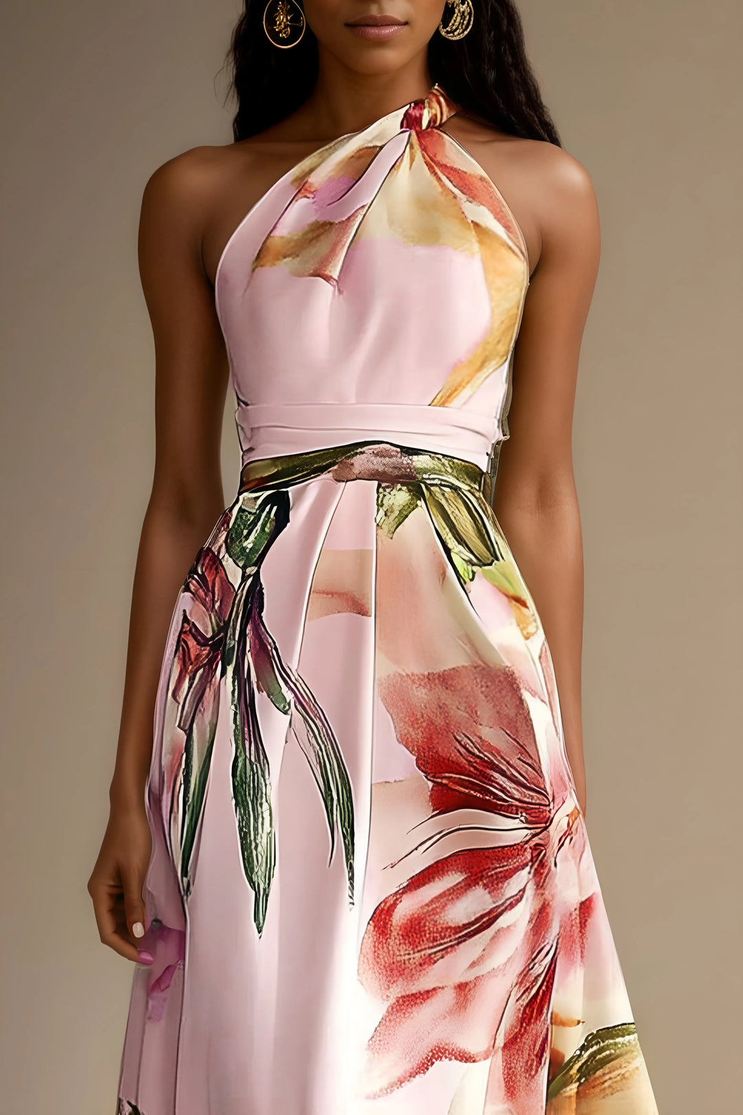 Women's Floral One Shoulder Maxi Wedding Guest Dress with Belted Waist