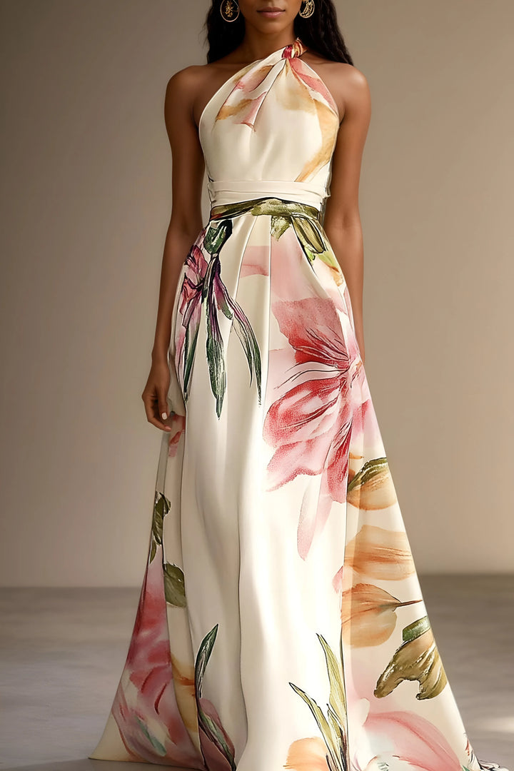 Women's Floral One Shoulder Maxi Wedding Guest Dress with Belted Waist