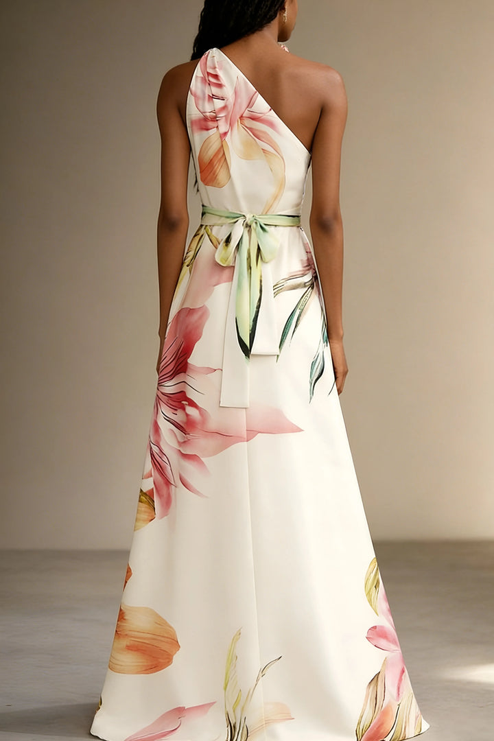 Women's Floral One Shoulder Maxi Wedding Guest Dress with Belted Waist