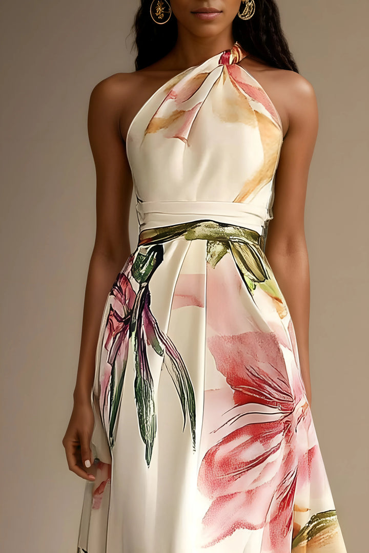 Women's Floral One Shoulder Maxi Wedding Guest Dress with Belted Waist