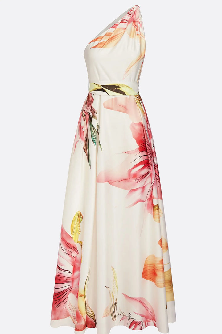 Women's Floral One Shoulder Maxi Wedding Guest Dress with Belted Waist