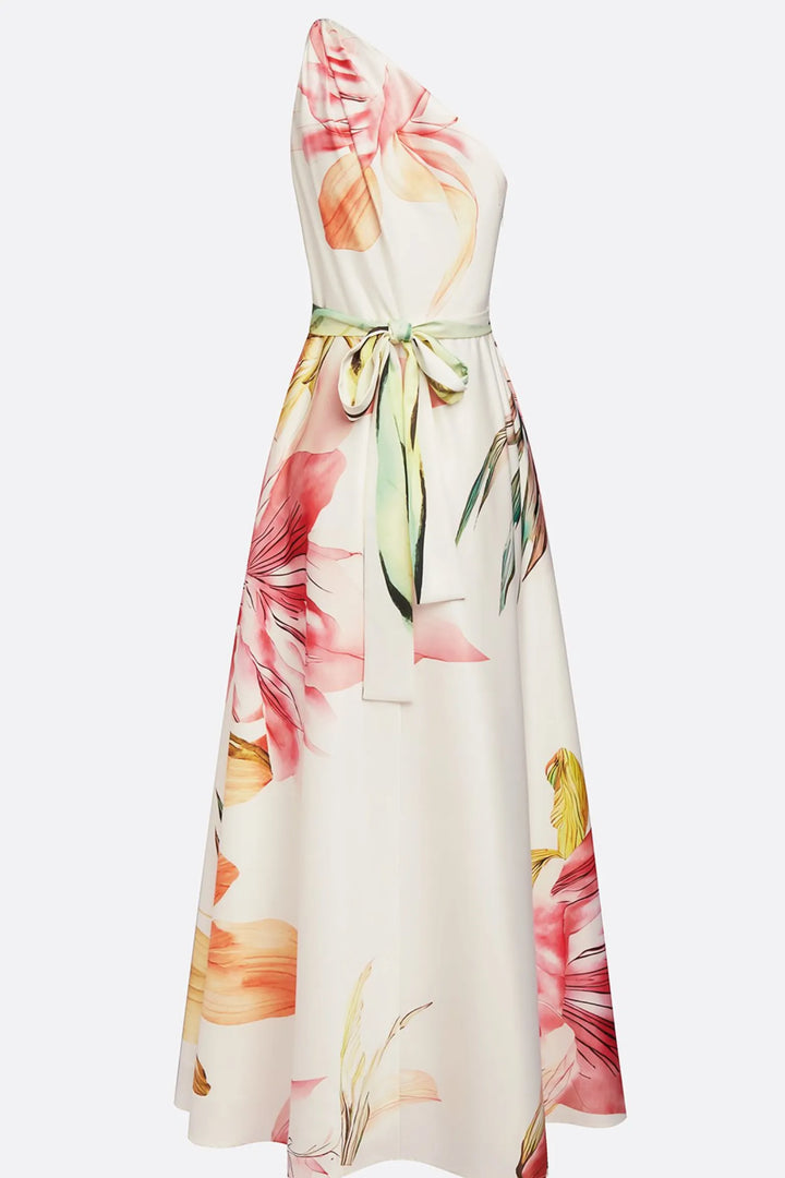 Women's Floral One Shoulder Maxi Wedding Guest Dress with Belted Waist