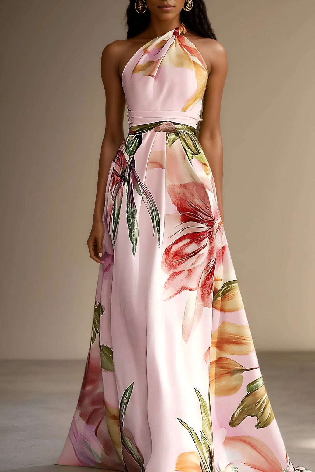Women's Floral One Shoulder Maxi Wedding Guest Dress with Belted Waist