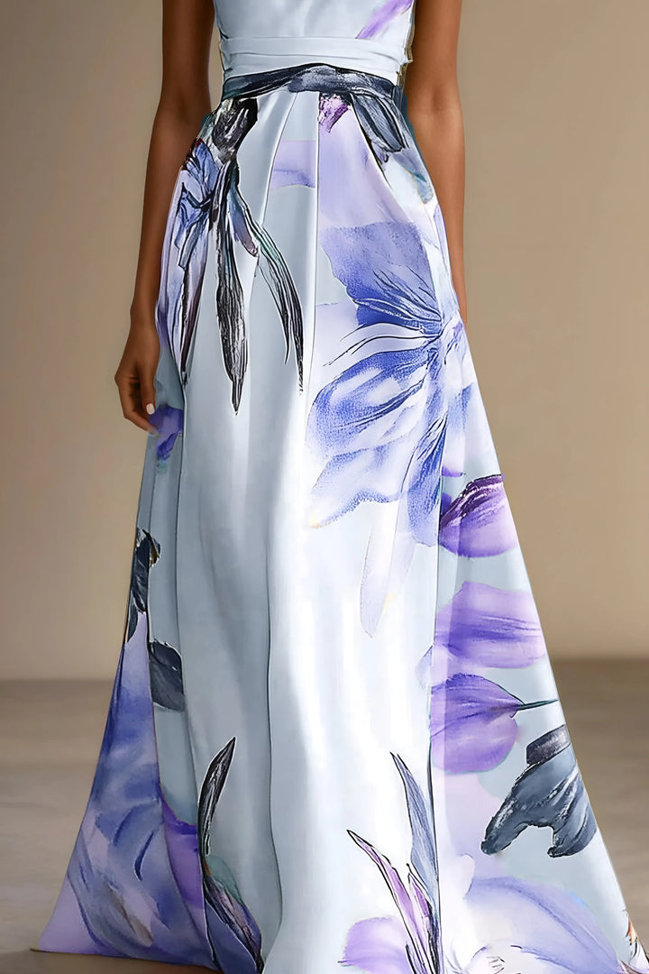 Women's Floral One Shoulder Maxi Wedding Guest Dress with Belted Waist