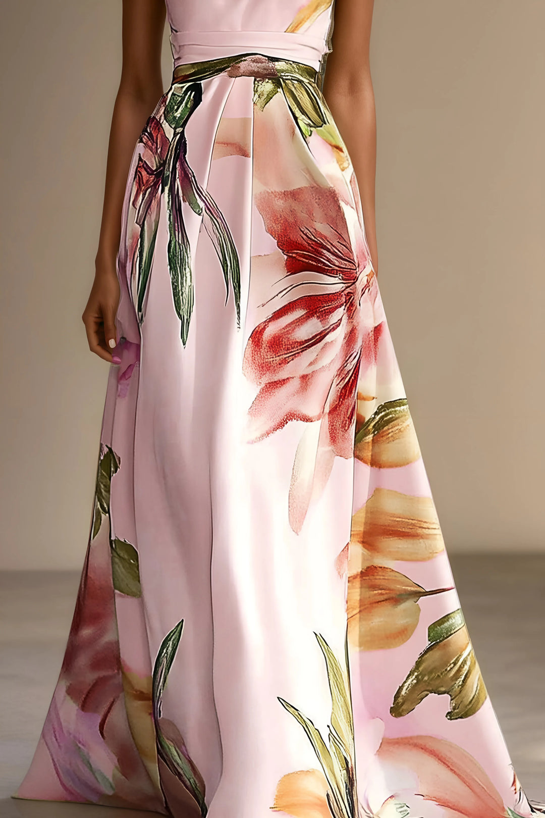 Women's Floral One Shoulder Maxi Wedding Guest Dress with Belted Waist