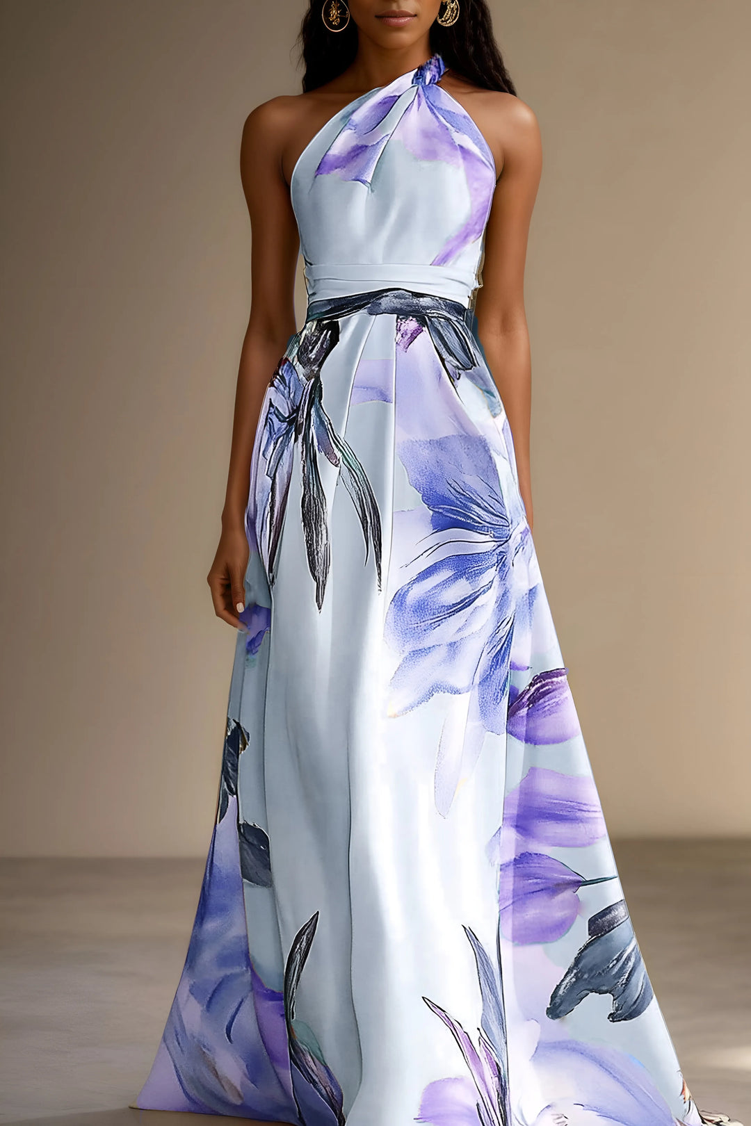 Women's Floral One Shoulder Maxi Wedding Guest Dress with Belted Waist