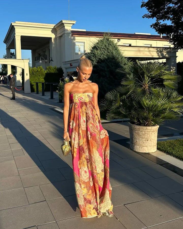 Women's Floral Pleated Maxi Wedding Guest Dress with Strapless Neckline
