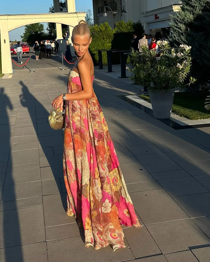 Women's Floral Pleated Maxi Wedding Guest Dress with Strapless Neckline