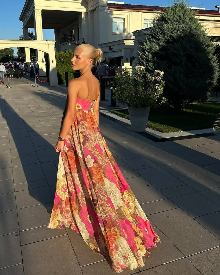 Women's Floral Pleated Maxi Wedding Guest Dress with Strapless Neckline