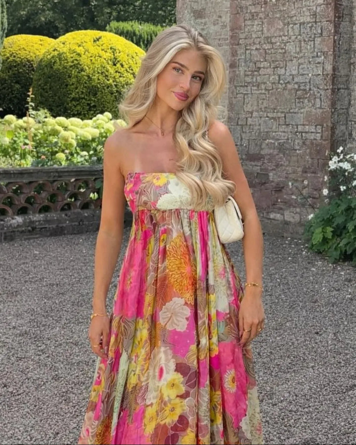 Women's Floral Pleated Maxi Wedding Guest Dress with Strapless Neckline
