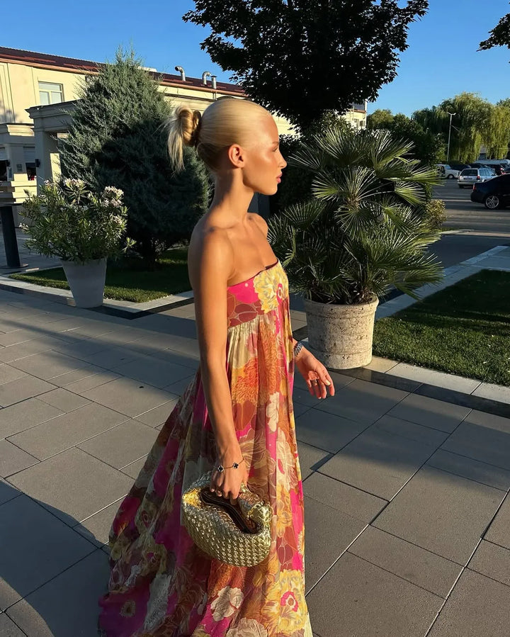 Women's Floral Pleated Maxi Wedding Guest Dress with Strapless Neckline