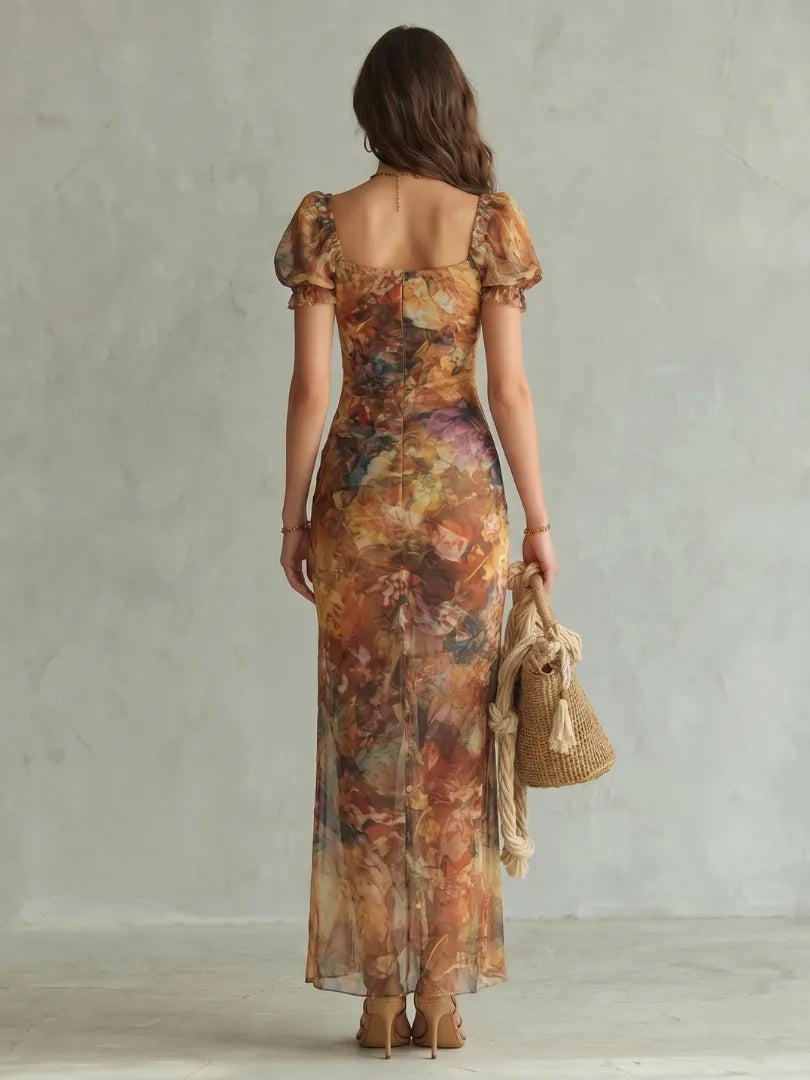 Women's Floral Puff Sleeve Maxi Wedding Guest Dress with Slit