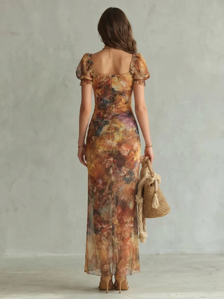 Women's Floral Puff Sleeve Maxi Wedding Guest Dress with Slit