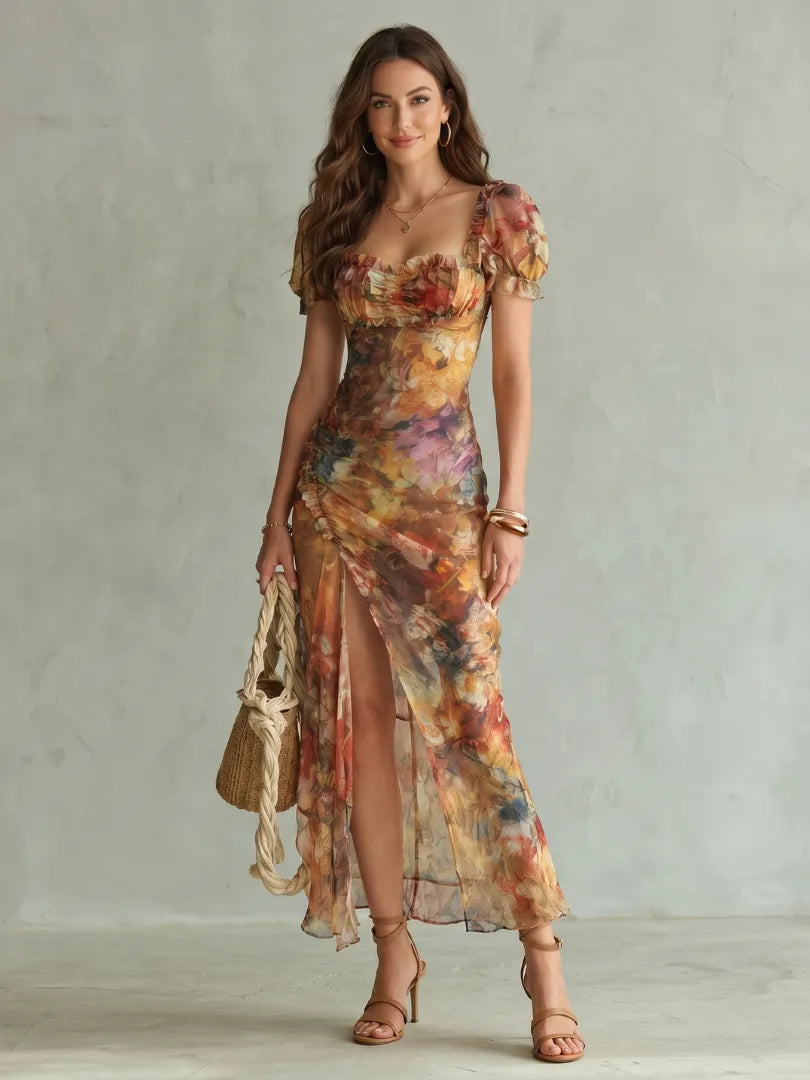 Women's Floral Puff Sleeve Maxi Wedding Guest Dress with Slit