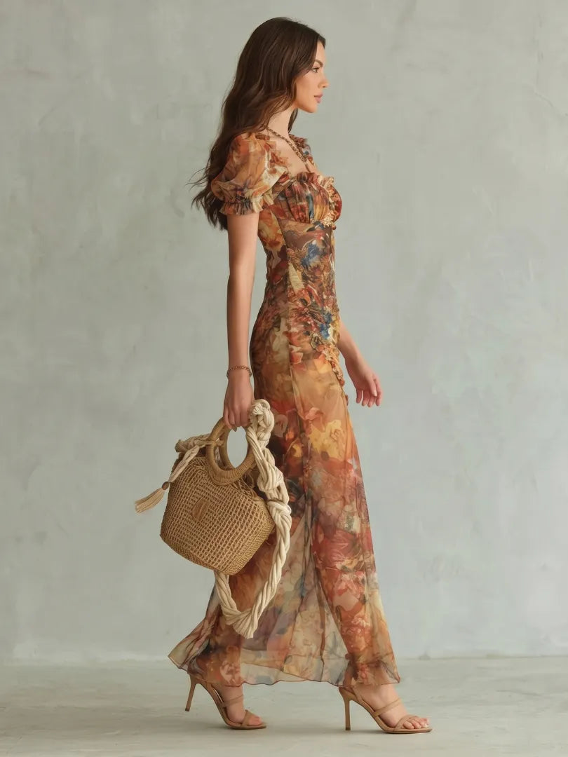 Women's Floral Puff Sleeve Maxi Wedding Guest Dress with Slit