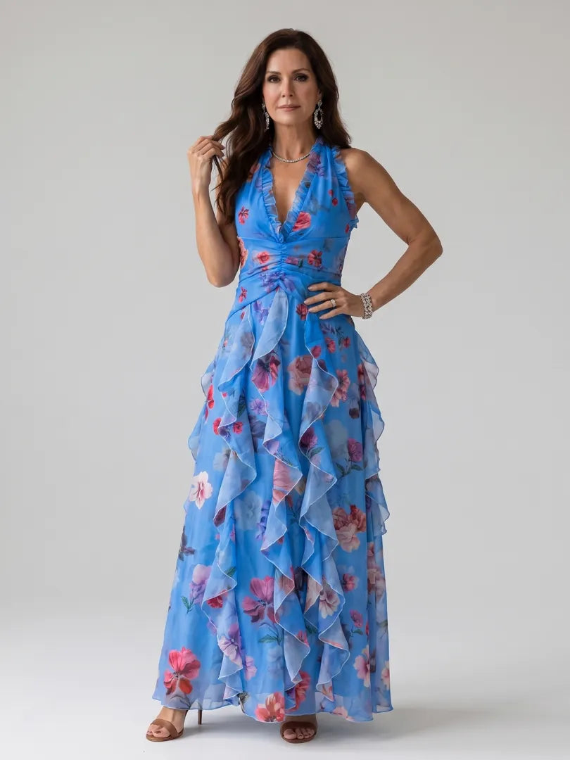 Women's Floral Ruched Maxi Wedding Guest Dress with Open Back