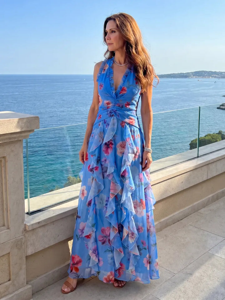 Women's Floral Ruched Maxi Wedding Guest Dress with Open Back