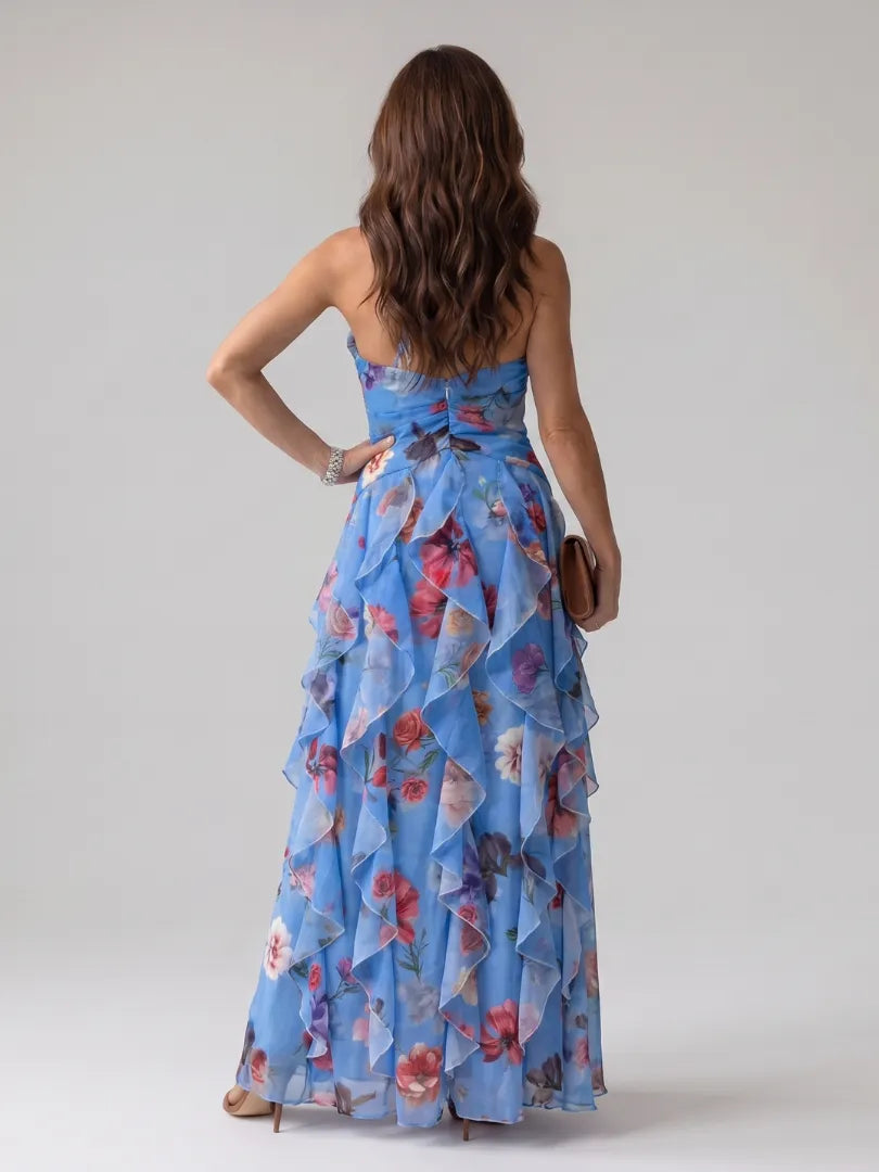 Women's Floral Ruched Maxi Wedding Guest Dress with Open Back