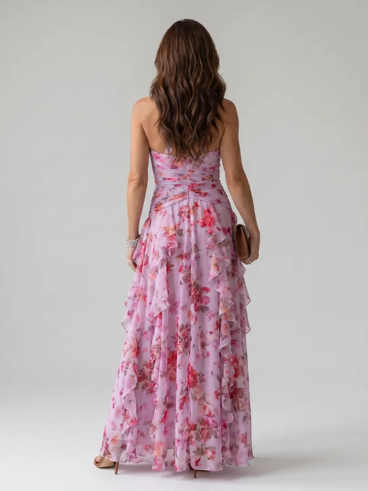 Women's Floral Ruched Maxi Wedding Guest Dress with Open Back