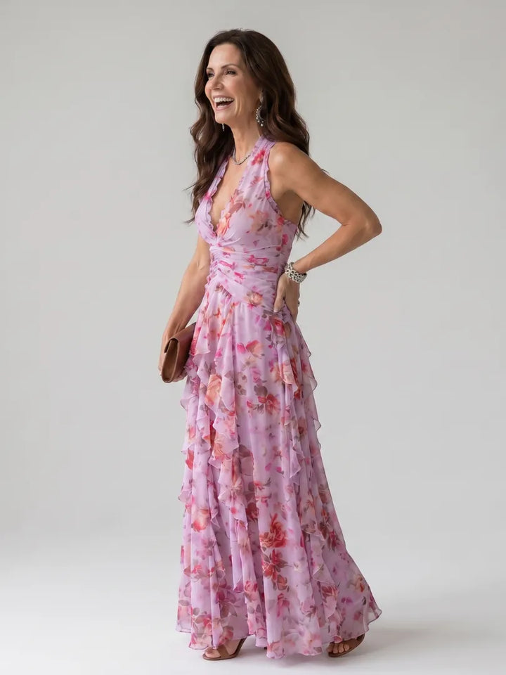 Women's Floral Ruched Maxi Wedding Guest Dress with Open Back