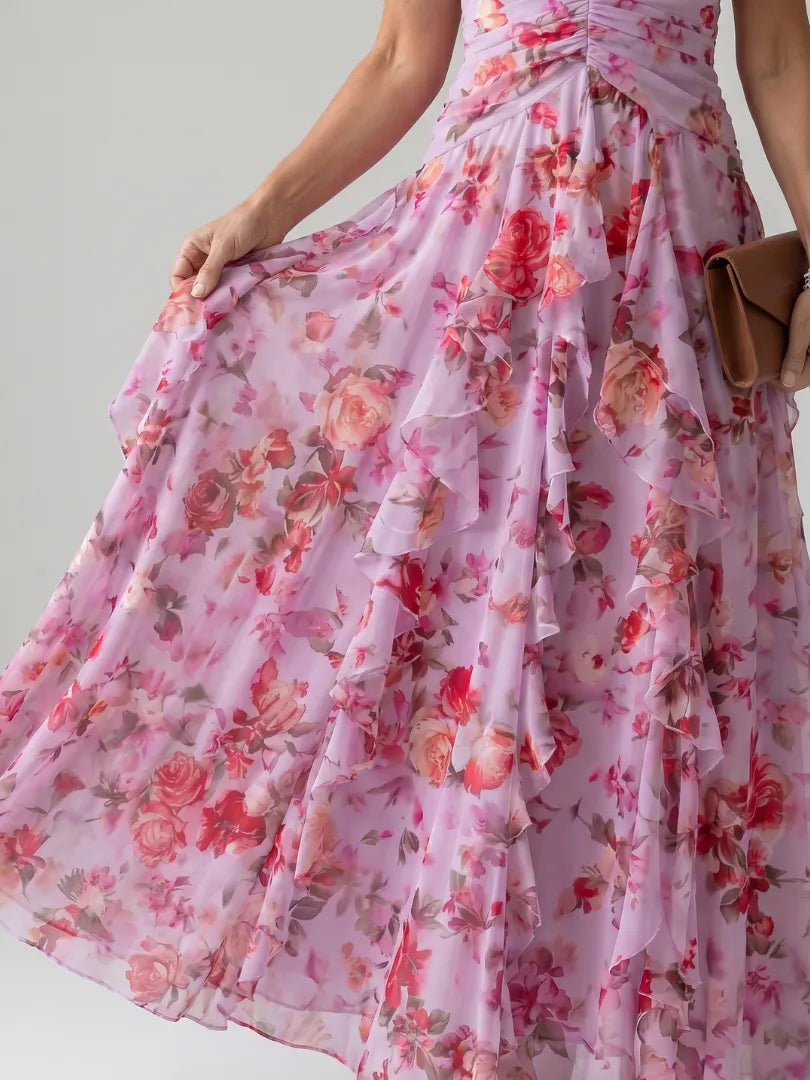 Women's Floral Ruched Maxi Wedding Guest Dress with Open Back