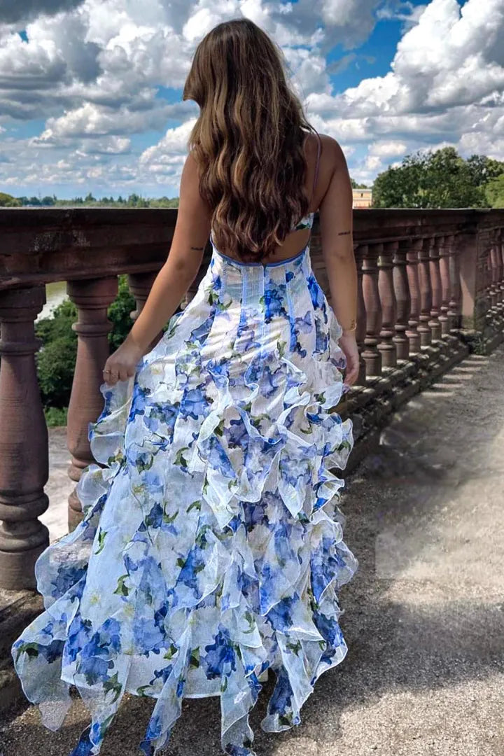 Women's Floral Ruffle Maxi Wedding Guest Dress with Spaghetti Straps