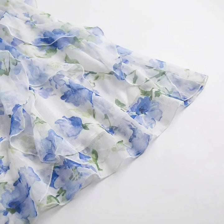 Women's Floral Ruffle Maxi Wedding Guest Dress with Spaghetti Straps