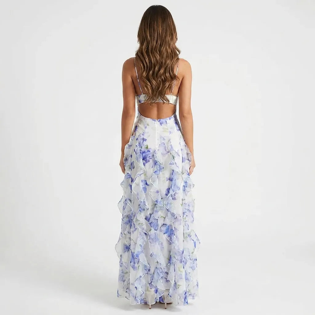Women's Floral Ruffle Maxi Wedding Guest Dress with Spaghetti Straps