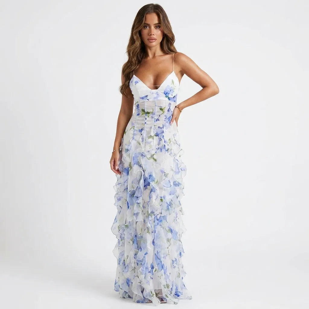 Women's Floral Ruffle Maxi Wedding Guest Dress with Spaghetti Straps