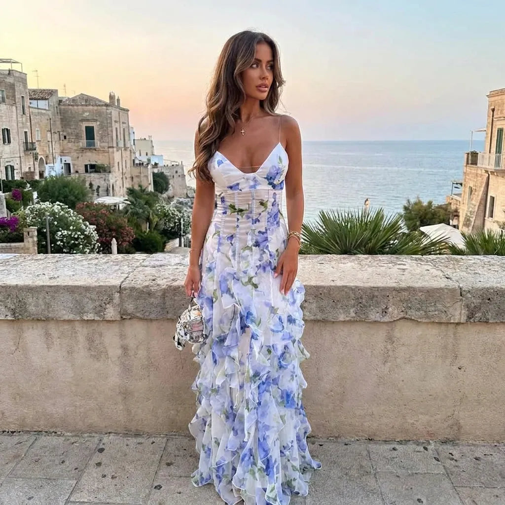 Women's Floral Ruffle Maxi Wedding Guest Dress with Spaghetti Straps