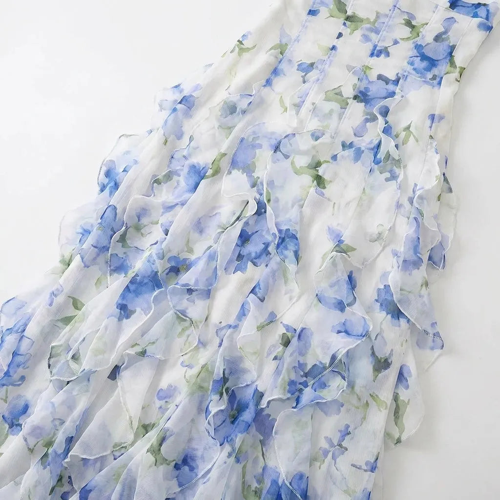 Women's Floral Ruffle Maxi Wedding Guest Dress with Spaghetti Straps