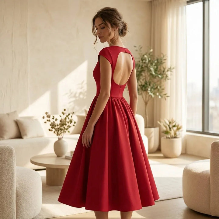 Women's Elegant Vintage Midi Wedding Guest Dress with Boat Neckline