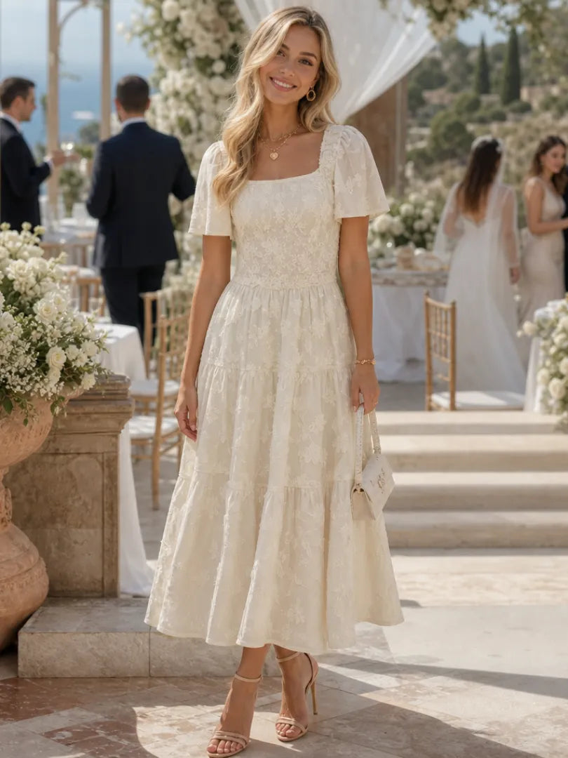 Women's Floral Short Sleeve Midi Wedding Guest Dress with Square Neck