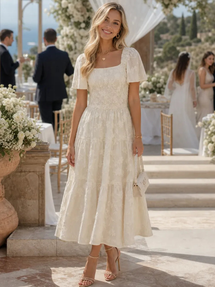 Women's Floral Short Sleeve Midi Wedding Guest Dress with Square Neck