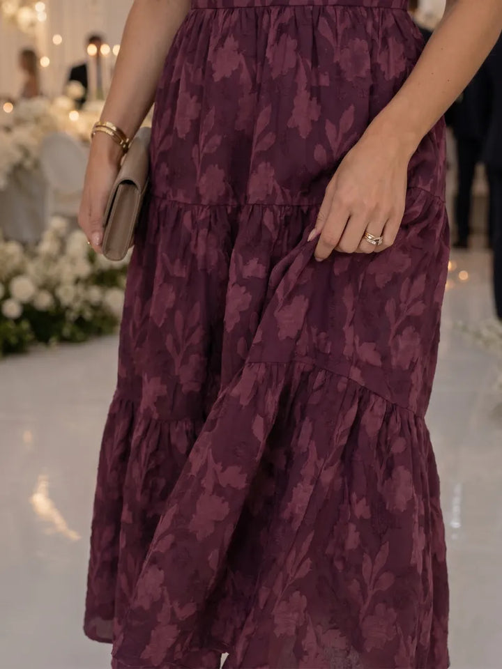 Women's Floral Short Sleeve Midi Wedding Guest Dress with Square Neck