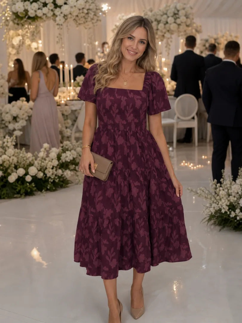 Women's Floral Short Sleeve Midi Wedding Guest Dress with Square Neck