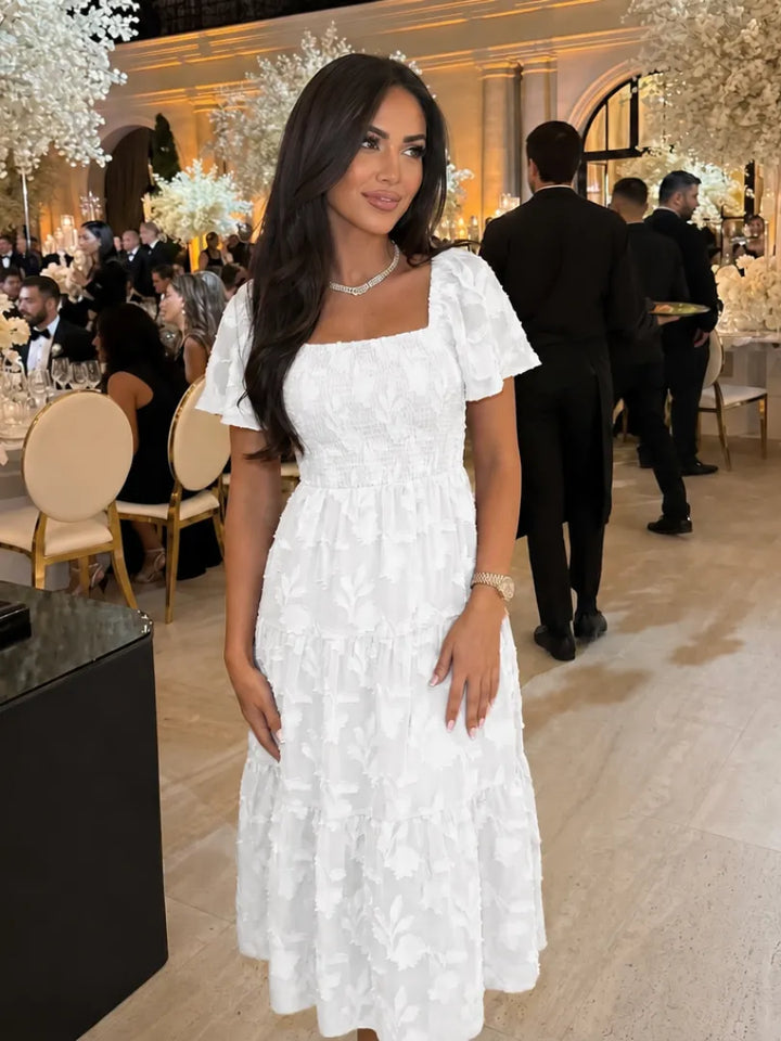 Women's Floral Short Sleeve Midi Wedding Guest Dress with Square Neck