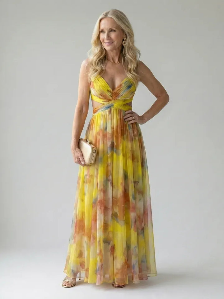 Women's Floral Sleeveless Maxi Wedding Guest Dress with V-Neck