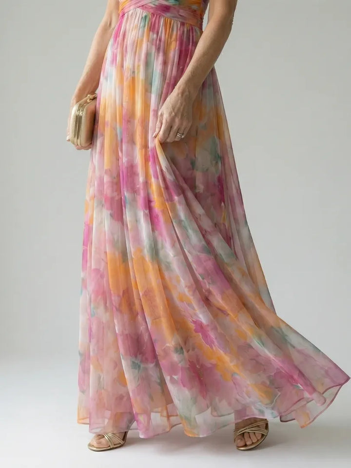 Women's Floral Sleeveless Maxi Wedding Guest Dress with V-Neck