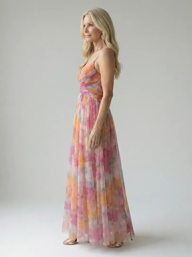Women's Floral Sleeveless Maxi Wedding Guest Dress with V-Neck