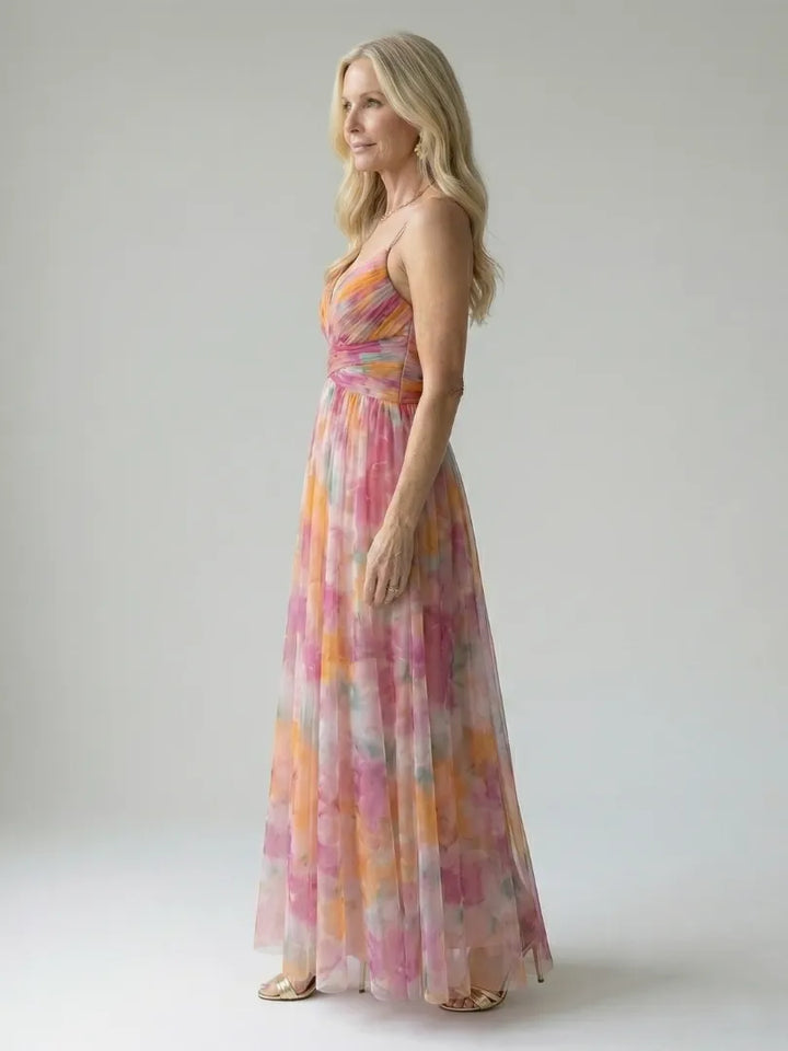 Women's Floral Sleeveless Maxi Wedding Guest Dress with V-Neck