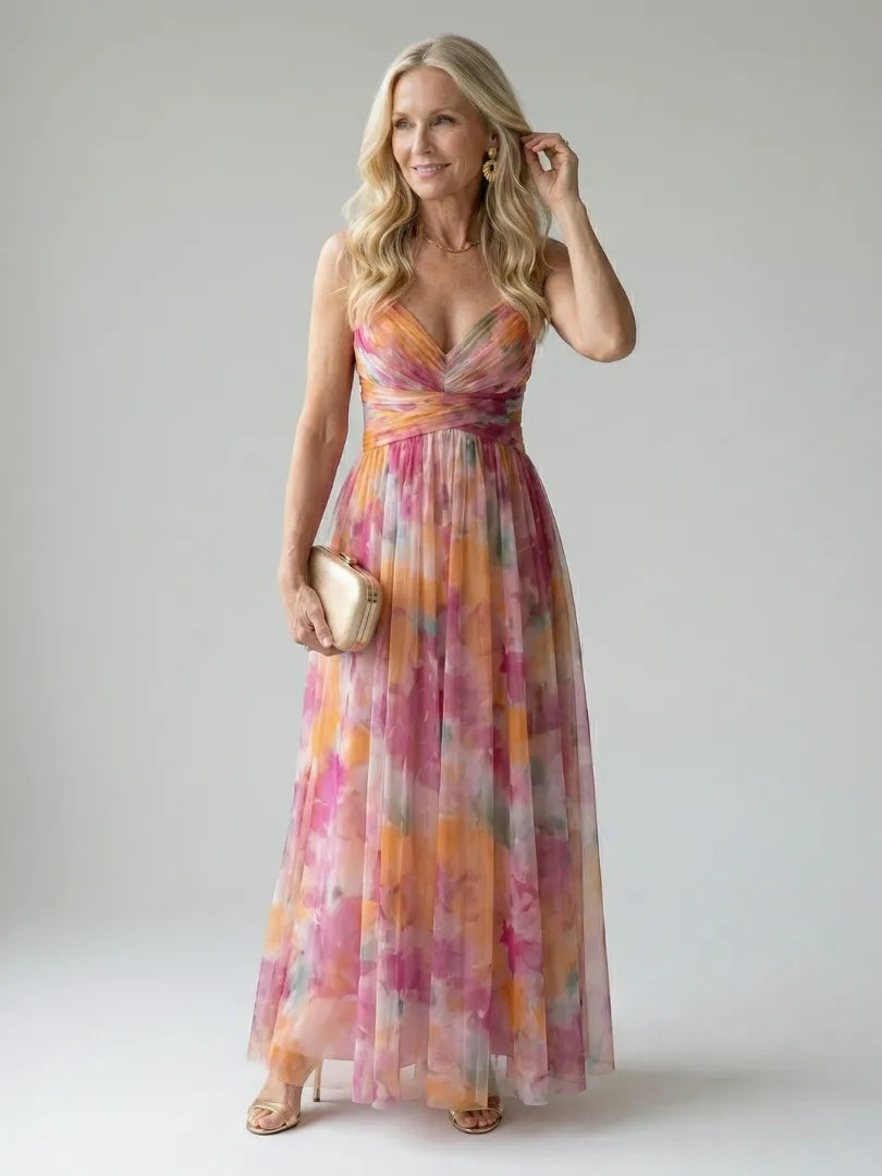 Women's Floral Sleeveless Maxi Wedding Guest Dress with V-Neck
