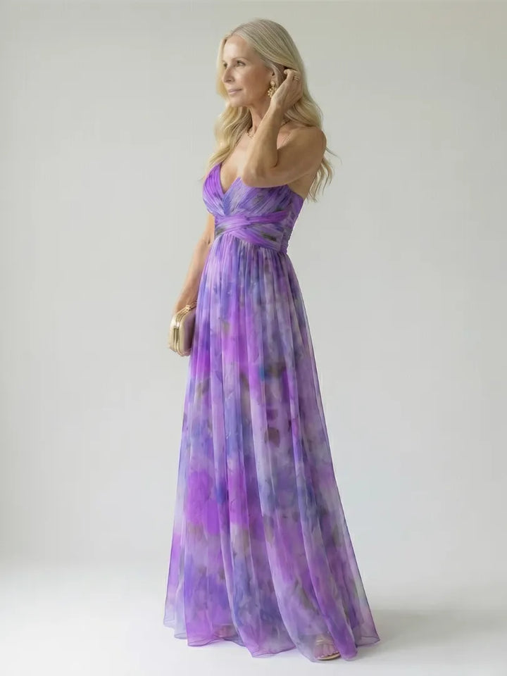 Women's Floral Sleeveless Maxi Wedding Guest Dress with V-Neck