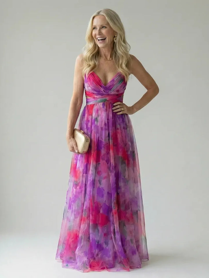 Women's Floral Sleeveless Maxi Wedding Guest Dress with V-Neck