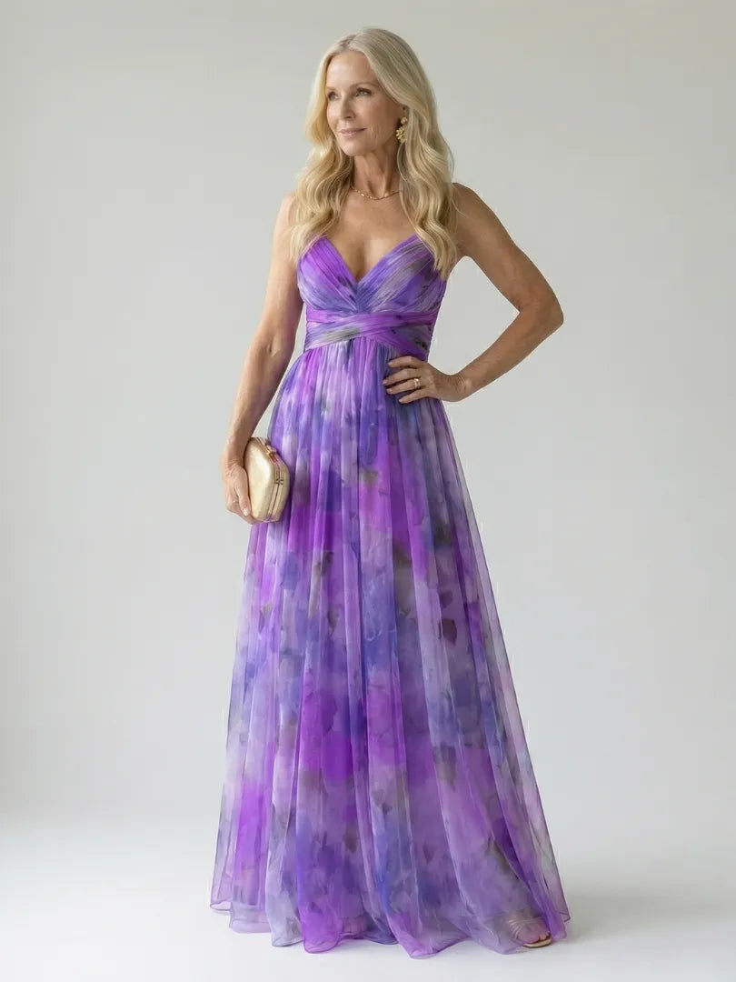 Women's Floral Sleeveless Maxi Wedding Guest Dress with V-Neck