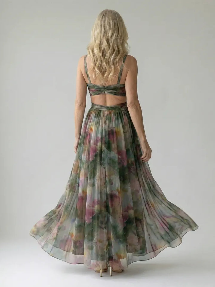 Women's Floral Sleeveless Maxi Wedding Guest Dress with V-Neck