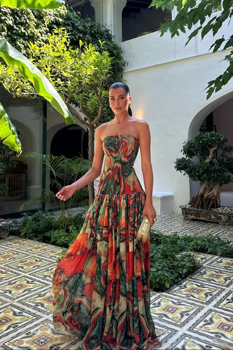 Women's Floral Strapless Maxi Wedding Guest Dress with Pleated Details